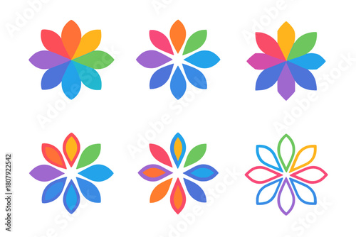 Rainbow Flower Icons. Vibrant colors. Icon set. Set Logo of vibrant colors: abstract flower made of rainbow petals. harmonious logo variations of the same
