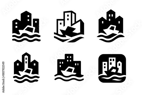 Flooded City Icons. Flooded cities. Icon set. Set Logo of Flooded Cities: skyline partially submerged in water waves. harmonious logo variations of the same