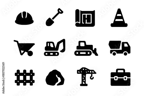 Construction Icon Grid. Construction crew. Solid icon set of construction crew: helmet, shovel, blueprint, cone, wheelbarrow, excavator, bulldozer, truck,