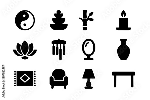 Holistic Icon Set. Holistic design. Solid icon set of Holistic design: yin yang, water fountain, bamboo plant, candle, lotus flower, wind chime, mirror, vase,