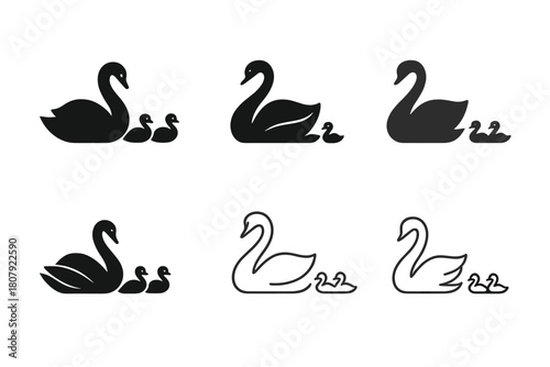 Swan Logo Variations. Swans. Icon set. Set Logo of swans: minimalist swan feather motif. harmonious logo variations of the same emblematic concept, each with