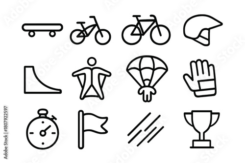 Extreme Sports Icons. High-Risk Activities. Solid icon set of High-Risk Activities: parachuting, rock climbing, base jumping, skydiving, motocross, bungee