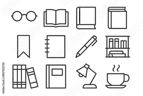 Book Lover Icons. Book lover?s retreat. Solid icon set of Book lover?s retreat: bookshelf, open book, armchair, cup of tea, reading lamp, window view, plant