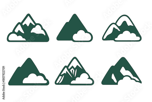 Distant Mountain Logos. Distant Mountains. Icon set. Set Logo of Distant Mountains: Snow-capped peaks. harmonious logo variations of the same emblematic