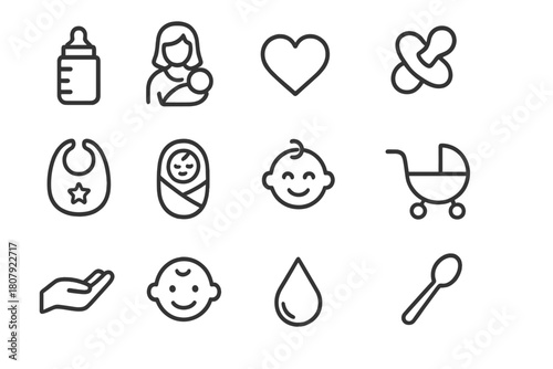 Parent-Baby Icons. Parent and Baby Care. Line icon set of Parent and Baby Care: baby bottle, mother figure, heart, pacifier, bib, blanket, baby, stroller,