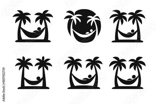 Digital Nomad Icons. Digital nomad lifestyle and travel work. Icon set. Set Logo of Digital nomad lifestyle and travel work: Airplane with laptop. harmonious