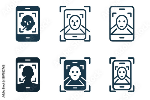 Facial Recognition Logos. Facial recognition. Icon set. Set Logo of facial recognition: camera lens with face aperture motif. harmonious logo variations of the