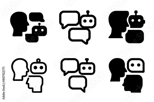 AI Chatbot Logo Designs. AI chatbot interaction. Icon set. Set Logo of AI chatbot interaction: User and AI exchanging messages. harmonious logo variations of