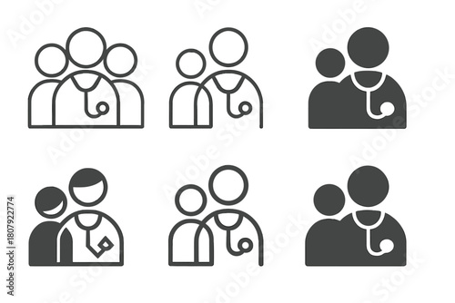 Doctor Visit Icons. Taking a friend to the doctor. Icon set. Set Logo of Taking a friend to the doctor: Prescription handoff. harmonious logo variations of the