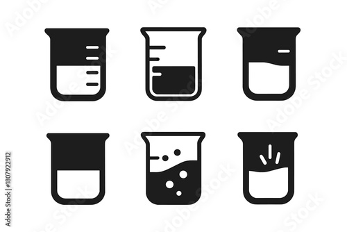 Chemical Beaker Icons. Chemical composition. Icon set. Set Logo of Beaker: Measuring chemical solution. Flat solid, Iconic shape, Minimal outline, Filled