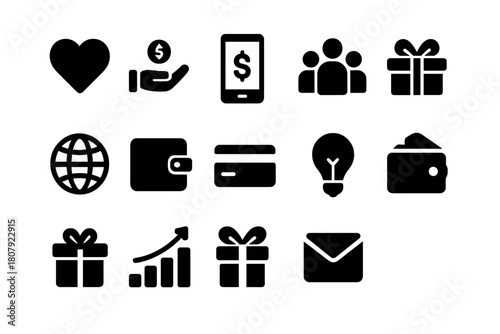 Online Donation Icons. Online donation. Solid icon set of online donation: heart, hand with coin, phone, dollar sign, people group, globe, wallet, credit card,