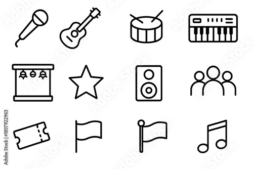 Band Icon Set. Band Performance. Line icon set of Band Performance: microphone, guitar, drum, keyboard, stage, lights, star, speaker, crowd, ticket, flag,
