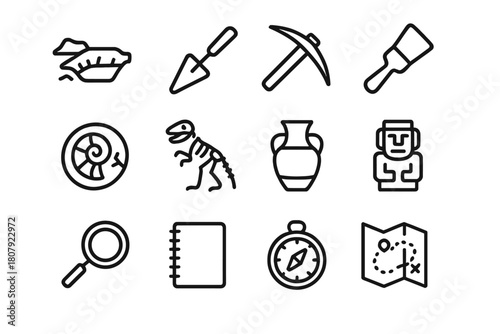 Archaeological Icon Set. Dig site exploration. Line icon set of Dig site exploration: excavation site, trowel, brush, pickaxe, fossil, skeleton, ancient