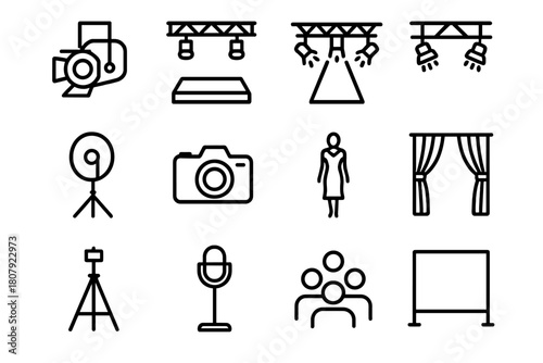Runway Lighting Icons. Fashion runway lighting. Line icon set of Fashion runway lighting: spotlight, stage, runway, lighting rig, reflector, camera, model,
