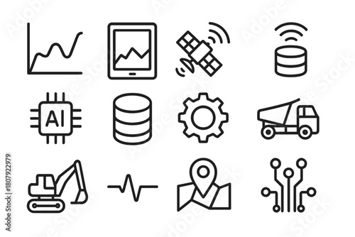 Data Mining Icons. Data-Driven Mining. Line icon set of Data-Driven Mining: graph, tablet, satellite, sensor, AI chip, database, gear, truck, excavator, signal