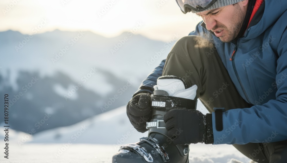Fototapeta premium Man fastening boot in snowy mountains shows challenge winter sports and personal preparation. Scene highlights outdoor dedication resilience and alpine activity focus