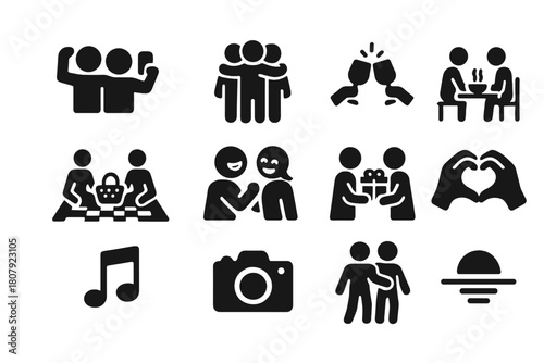 Friendship Icons Set. Friendship moments. Solid icon set of friendship moments: people group, heart, laughter face, camera, clinking glasses, gift, music note,