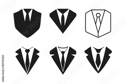Tuxedo Logo Variations. Wearing suit. Icon set. Set Logo of wearing suit: minimalist tuxedo jacket outline with tie. harmonious logo variations of the same