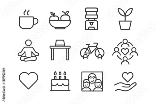 Office Culture Icons. Office wellbeing and culture. Line icon set of office wellbeing and culture: coffee break cup, fruit bowl, water dispenser, potted plant,