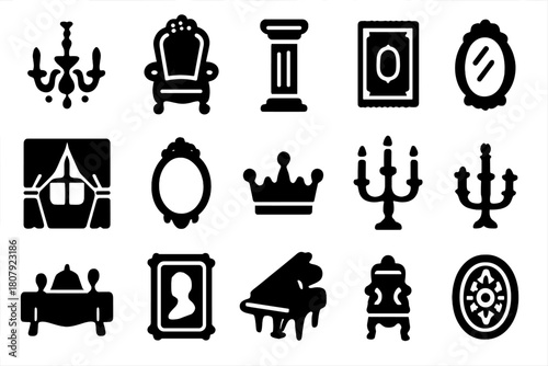 Icons of Royal Elegance. Royal interiors. Solid icon set of Royal interiors: chandelier, throne chair, marble column, royal carpet, curtain window, gold