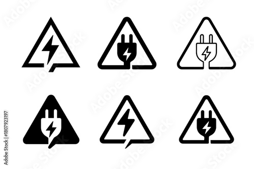 Diverse Electrical Hazard Icons. Electrical risks. Icon set. Set Logo of Electrical risks: Electrical plug hazard. harmonious logo variations of the same