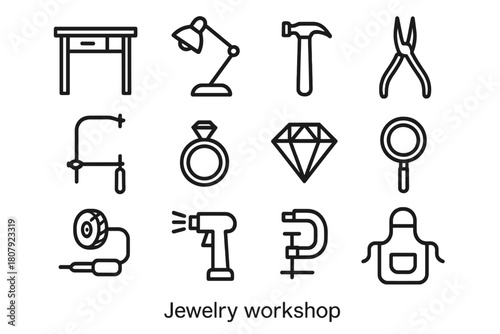Jewelry Workshop Icons. Jewelry Workshop. Line icon set of Jewelry Workshop: workbench, lamp, hammer, pliers, saw, ring, gemstone, magnifying glass, polishing