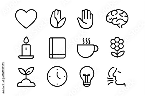 Healing Icons Grid. Healing process. Line icon set of healing process: heart, leaf, hand, brain, candle, journal, cup, flower, plant, clock, light bulb, breath