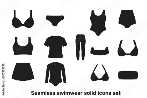 Seamless Swimwear Icons. Seamless Swimwear. Solid icon set of Seamless Swimwear: bikini top, bikini bottom, one piece suit, high waist bottom, swim bra, rash