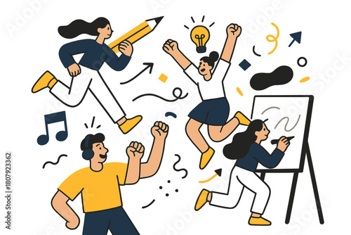 Creative Studio Vibes. Studio workspace. Sunlight rakes across a tidy desk with brushes in a jar; sticky notes spell ?Create daily?. A stool waits beside a