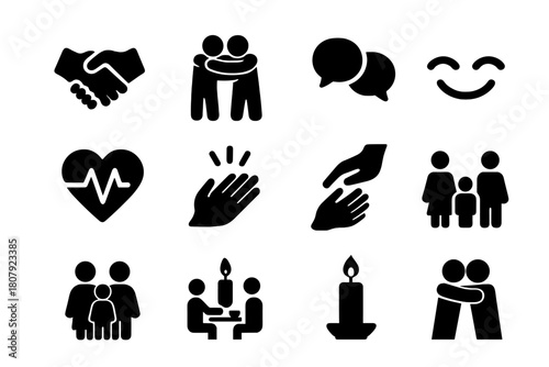 Human Connection Icons. Human connection. Line icon set of human connection: hands touching, heart, people circle, handshake, smile, globe, light rays, star,