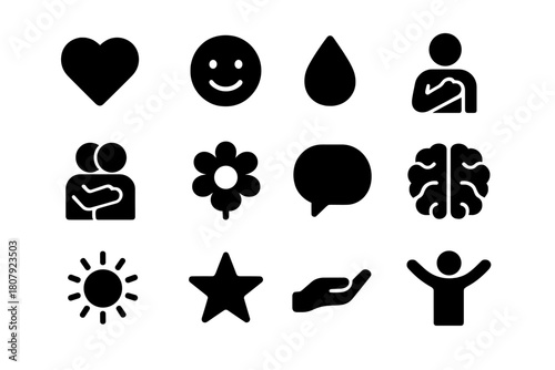 Emotional Icon Grid. Emotional well-being. Solid icon set of Emotional well-being: heart, smiling face, tear drop, hand on chest, hug, flower, chat bubble,