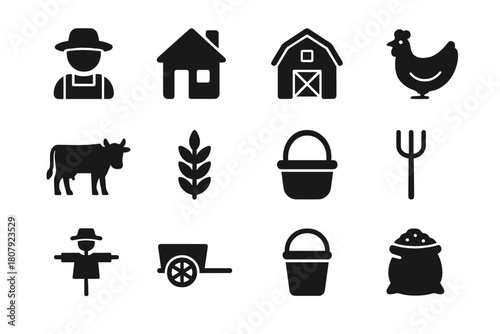 Simple Life Icons. Simple Life. Solid icon set of Simple Life: farmer, cottage, barn, chicken, cow, wheat, basket, pitchfork, scarecrow, cart, bucket, sack of