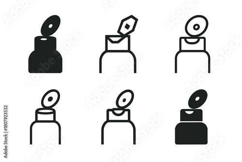 Shampoo Cap Icon Set. Shampoo bottle cap. Icon set. Set Logo of shampoo bottle cap: child-resistant push-down-and-turn cap. harmonious logo variations of the