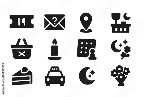 Surprise Date Night Icons. Surprise Date Night. Solid icon set of Surprise Date Night: reservation ticket, mystery envelope, map pin, cinema ticket, picnic