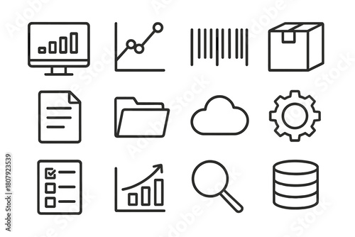Inventory Software Icons. Inventory software. Line icon set of inventory software: monitor, chart, barcode, box, document, folder, cloud, gear, checklist,