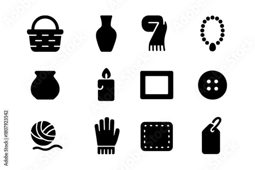 Black Handmade Crafts Icons. Handmade crafts. Solid icon set of handmade crafts: basket, vase, scarf, jewelry, pottery, candle, frame, button, yarn, glove,