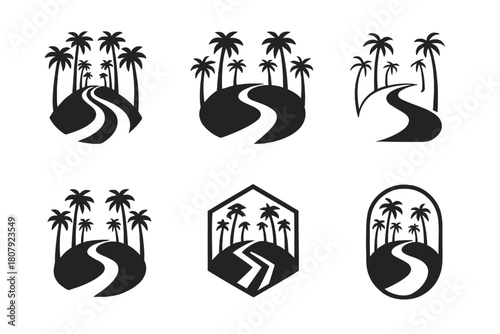 Hollywood Logo Variations. Hollywood Boulevard. Icon set. Set Logo of Hollywood Boulevard: star-studded spotlight sweeping across pavement. harmonious logo