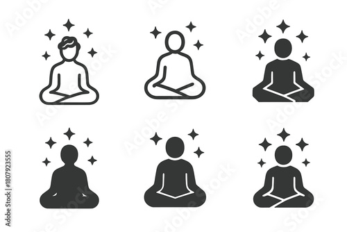 Overactive Mind Icons. Overactive mind in a peaceful, dark room. Icon set. Set Logo of overactive mind in a peaceful, dark room: calm figure surrounded by