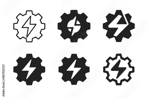 Efficient Mining Energy Logos. Efficient energy use in mining industries. Icon set. Set Logo of efficient energy use in mining industries: gear combined with