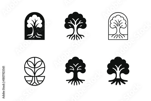 Mythology Emblematic Logos. Mythology stories. Icon set. Set Logo of mythology stories: sacred tree. harmonious logo variations of the same emblematic concept,