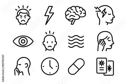 Migraine Triggers Icons. Migraine triggers. Line icon set of Migraine triggers: stress symbol, lightning bolt, brain, head with pain, eye, headache symbol,