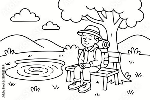 Traveler by Pond. Peaceful reflection stop children?s coloring book illustration, outlined drawing, a traveler sitting calmly on a bench under a tree beside a