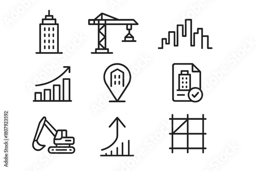 City Growth Icons. City growth planning. Line icon set of City growth planning: blueprint, skyscraper, road, bridge, apartment building, house, construction