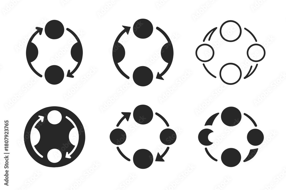 Fototapeta premium Moon Phase Logos. Moon phases. Icon set. Set Logo of moon phases: eight-phase arc around a central circle. harmonious logo variations of the same emblematic