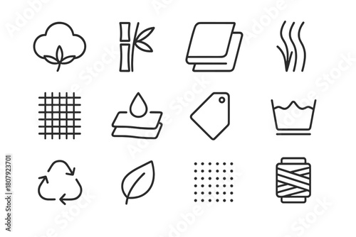 Towel Material Icons. Towel materials. Line icon set of towel materials: cotton plant, bamboo stalk, microfiber cloth, linen fiber, fabric weave, droplet