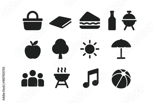 Picnic Icon Set. Outdoor picnic. Solid icon set of outdoor picnic: basket, blanket, sandwich, drink bottle, apple, tree, sun, umbrella, people group, grill,