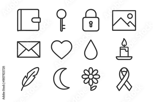 Hidden Memories Icon Set. Hidden memories. Line icon set of hidden memories: old diary, key, lock, photo, envelope, heart, tear, candle, feather, moon, flower,