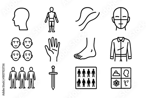 Character Icon Set. Character concept sketch. Line icon set of character concept sketch: head silhouette, pose mannequin, gesture lines, facial guidelines,