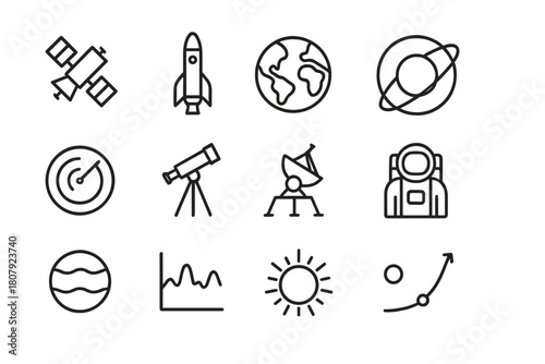 Orbital Science Icons. Orbital Science. Line icon set of Orbital Science: satellite, rocket, Earth, orbit line, radar, telescope, space probe, astronaut,