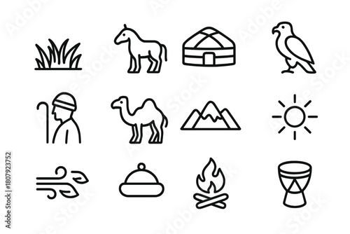 Steppe Icons Collection. Steppe. Line icon set of Steppe: grass field, horse, yurt, eagle, shepherd, camel, mountain, sun, wind, traditional hat, fire pit,